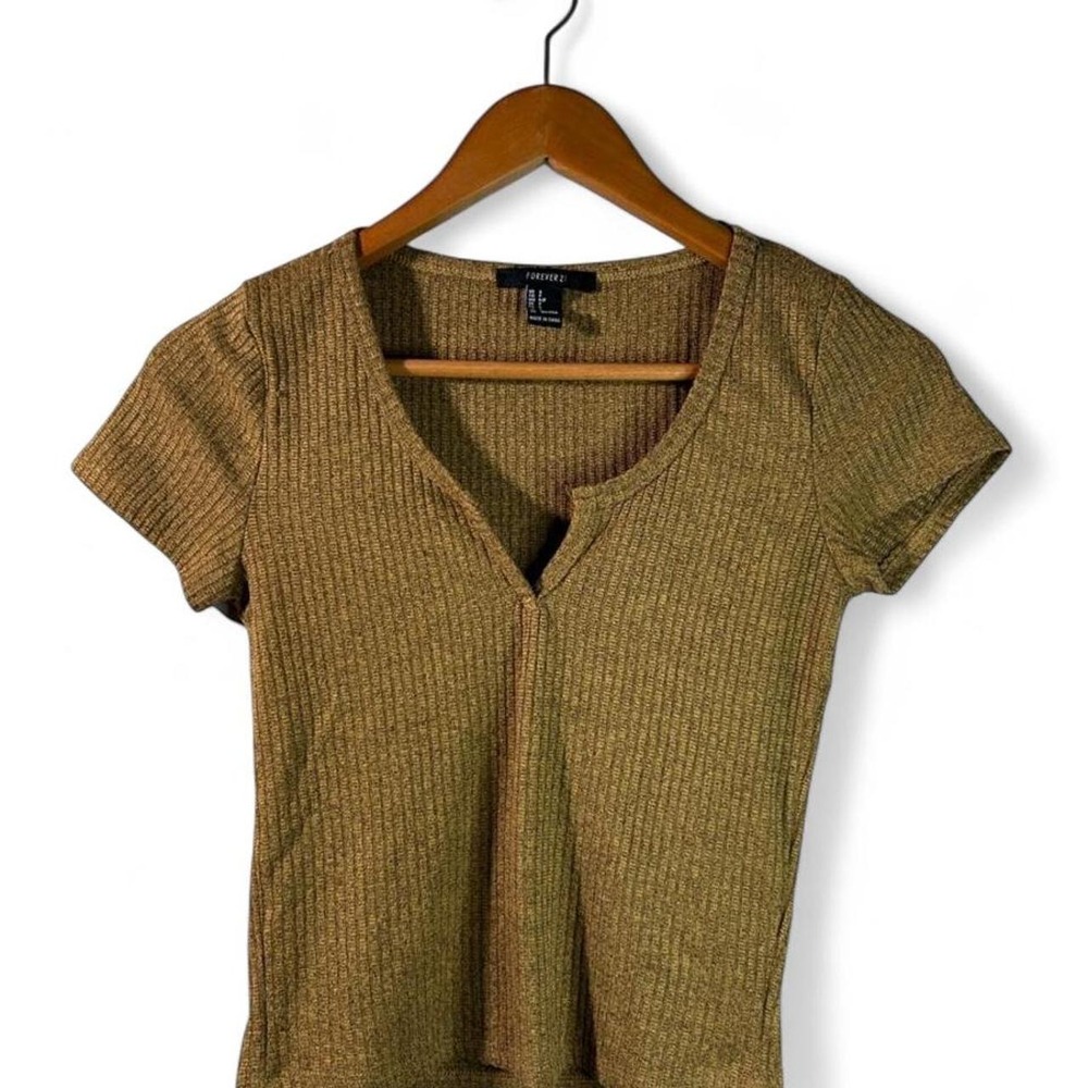 Rustic Preppy Ribbed Crop Top Small Sexy School Girl Gold-Tone Baby Tee V-Neck S